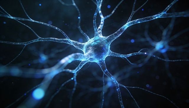 Glowing Blue Neuron Network Close-Up Showing Soma Dendrites Axon and Synaptic Activity