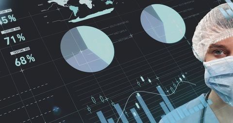 Female Surgeon Amidst Digital Data Charts and Global Map Graphics