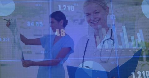 Smiling doctor holding chart as nurse reviewing x-ray with digital healthcare data overlay