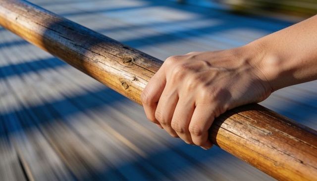 Right hand gripping weathered wooden railing on sunlit deck casting shadow and motion blur