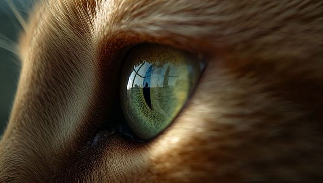 Macro cat eye reflecting multi-pane window, lawn and human silhouette