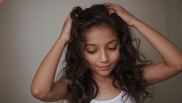 Preteen girl running fingers through long wavy hair in soft beige studio portrait