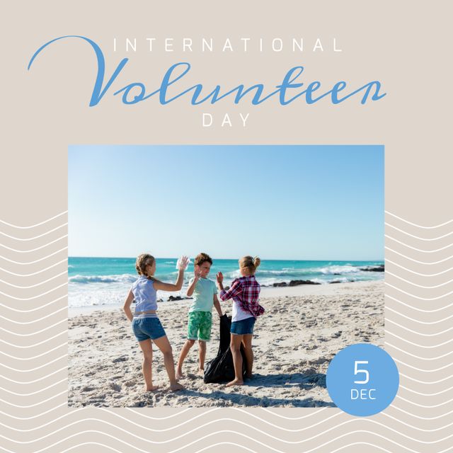 International volunteer day, 5 dec text and caucasian children giving high five while cleaning beach. Composite, childhood, nature, recognize, promote, support, sustainable development, celebration.