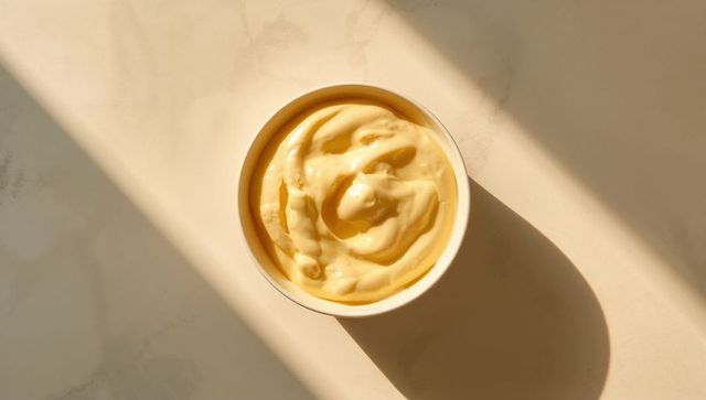Swirling yellow custard in white ceramic bowl casting diagonal sunbeam shadow on marble