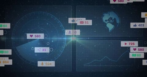 Holographic social media radar dashboard showing real-time engagement metrics and notifications