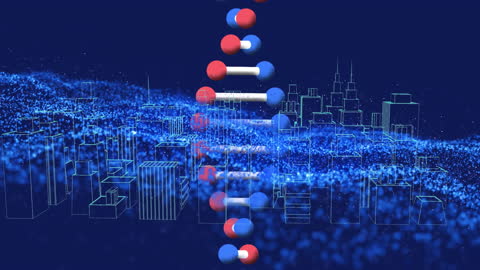 Futuristic DNA Helix Over Digital Cityscape