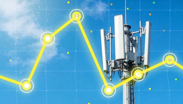 Telecom tower with network analytics graph showing signal growth and connectivity
