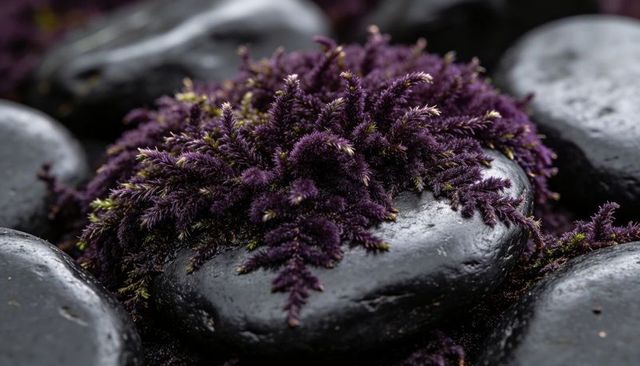 Deep purple moss tuft draping over glossy black stones at tide pool, macro velvet texture