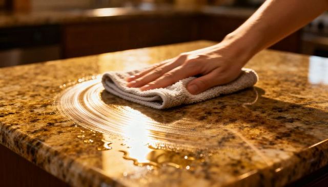 Hand wiping granite countertop with microfiber cloth and water droplets, kitchen closeup