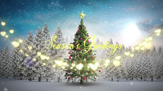 Beautiful winter scene featuring a decorated Christmas tree with playful snowfall and glowing holiday lights in a snowy forest backdrop. This animated season's greetings concept is ideal for creating festive holiday cards, promotional materials for Christmas celebrations, or winter-themed event banners.