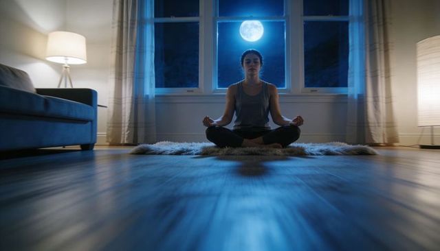 Full moon night meditation at home woman practicing mindfulness on fluffy rug minimal ambience