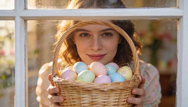 Smiling woman holding wicker basket of pastel easter eggs looking through window