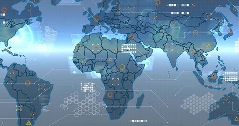 Displaying Futuristic Global Data Dashboard with Hex Clusters and Target Markers