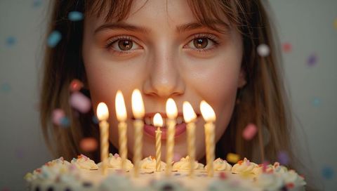 Smiling girl celebrating birthday blowing candles on cake with confetti and warm glow