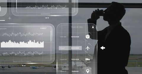 Businessman Analyzing Global Networking data at Airport