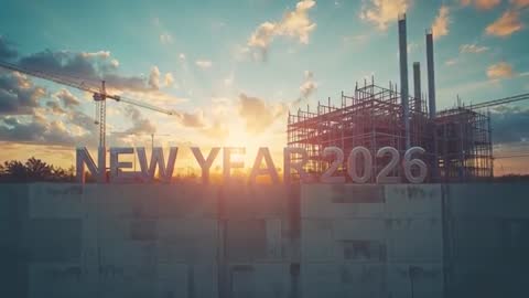 Sunrise Backlighting NEW YEAR 2026 Letters while Construction Progresses with Cranes