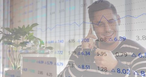 Business professional using smartphone with data analytics overlay