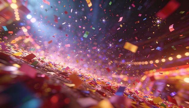 Confetti shower lighting up dance floor with glittering metallic sparkle and bokeh