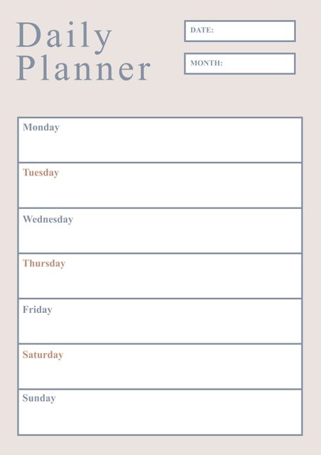 This minimalist daily planner template helps effectively organize weekly tasks and schedule. Ideal for students, professionals, and anyone seeking better time management. Blank fields for date and month provide customization. Great for use in personal planners, educational handouts, and office supplies.