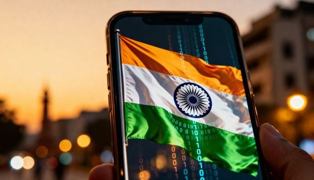 Indian flag on smartphone screen with binary code overlay at urban sunset
