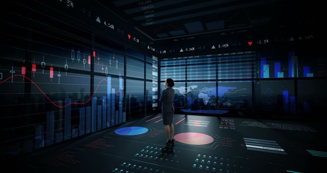 Businesswoman Analyzing Data on Digital Screens in a Futuristic Office - Download Free Stock Images Pikwizard.com