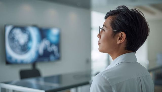 Business executive observing digital wall display in modern boardroom with glass table