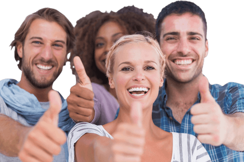 Diverse group smiling and giving thumbs up on transparent background