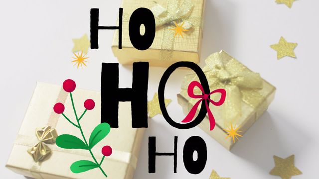 Gold wrapped presents with decorative ribbons arranged on a white surface alongside scattered golden stars. Hand-drawn 'Ho Ho Ho' text with festive icons enhances holiday cheer. Perfect for Christmas promotions, holiday cards, seasonal marketing, and festive retail displays.