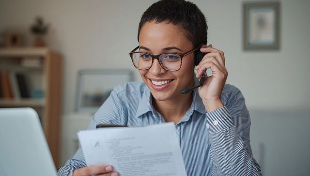 Smiling remote worker wearing headset and glasses reading document at home office desk