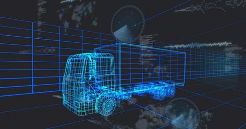 Wireframe Freight Truck Rotating on Virtual Simulation Grid with HUD Data Overlays