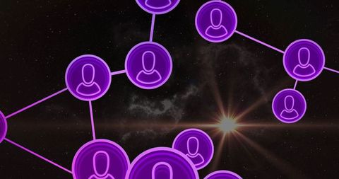 Futuristic digital network with purple node avatars in space
