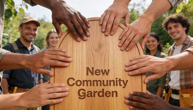 Multicultural volunteers placing new community garden sign together