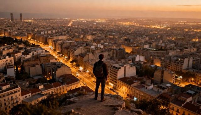 Man standing on rocky ledge overlooking city lights at dusk, backpacker watching skyline