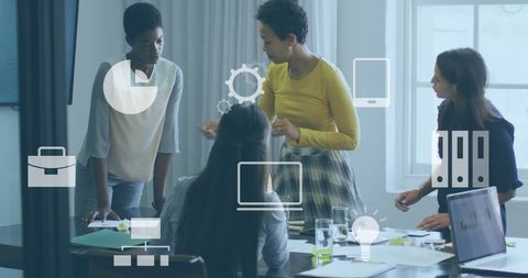 Team Analyzing Data in Modern Office with Virtual Graphics