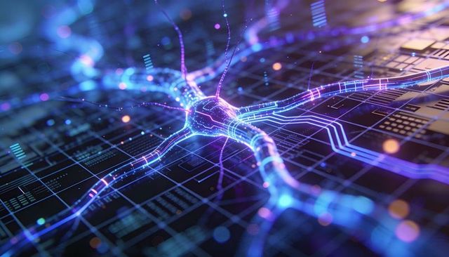 Neon neural network visual with glowing conduits pulsing across circuit grid