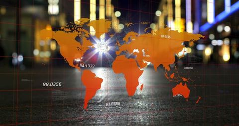 Orange World Map Overlay with Numeric Data on Urban Nightscape