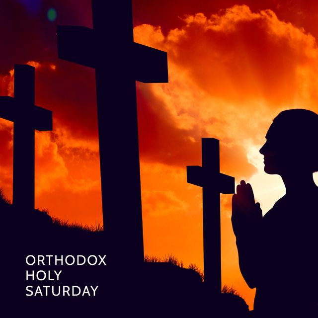 Silhouette of Woman Praying Near Crosses at Sunset on Holy Saturday - Download Free Stock Templates Pikwizard.com