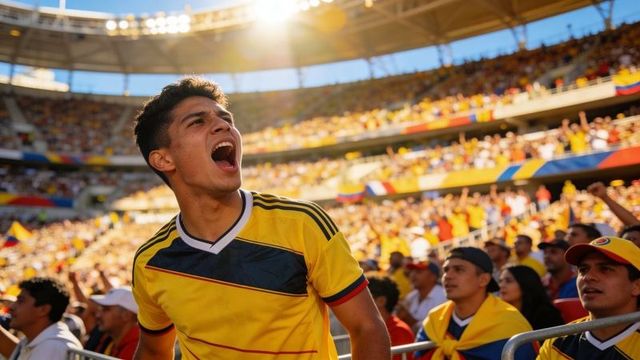 Young colombian football fan shouting in yellow jersey at packed stadium during match
