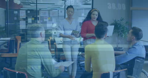 Innovative Team Meeting with Technology Overlay in Modern Office