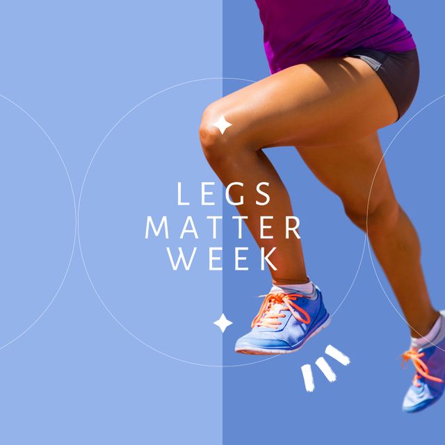Composition of legs matter week text with biracial woman running on blue background. Legs matter week and celebration concept digitally generated image.