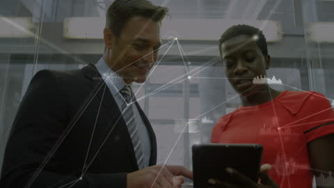 Business Professionals Collaborating on Tablet with Technology Overlays