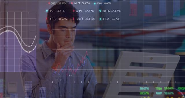 Image of stock market data processing over thoughtful asian man using laptop at office - Download Free Stock Photos Pikwizard.com