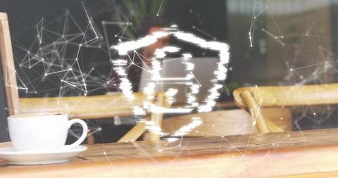Glitching Digital Shield Hovering over Cozy Cafe Table with Coffee Cup