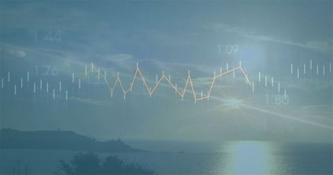 Stock market analysis overlaying tranquil seascape at sunrise