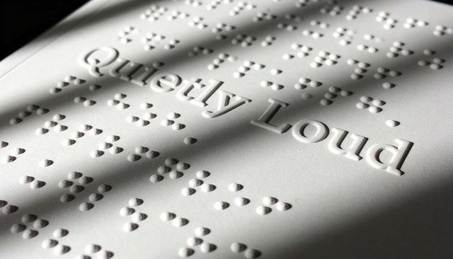 Braille embossed page showing quietly loud raised typography and tactile dot cells