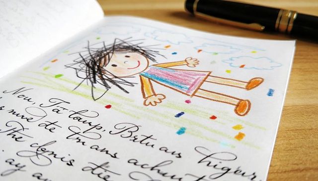 Childlike crayon drawing on letter with cursive handwriting and fountain pen on wooden desk