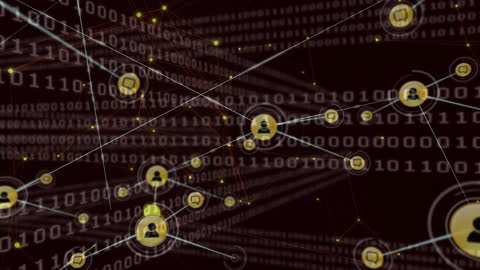 Digital animation showing a complex network of data points and binary code on black background. Useful for illustrating data processing, cybersecurity, and technological interfaces for presentations and educational content.