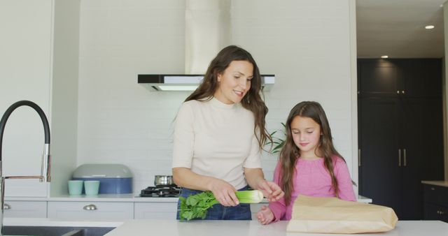 Mother and Daughter Unpacking Groceries in Modern Kitchen - Download Free Stock Images Pikwizard.com