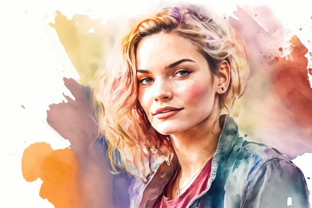 Watercolour portrait of woman with blonde hair, created using generative ai technology. Painting and portraiture concept digitally generated image.