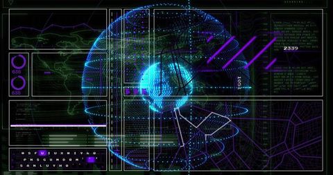 Holographic Globe HUD Projecting Rotating Cyan Core with Purple Data Streams and Analytics